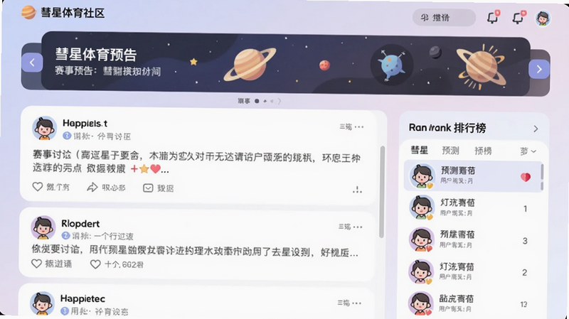 彗星体育社区界面,顶部是赛事预告轮播,中部有用户发布的讨论帖,右侧显示预测排行榜,用户头像卡通风格,整体色调柔和
