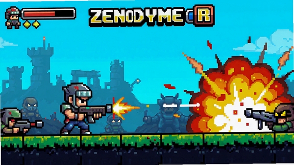 Zenodyne R 游戏主界面,像素风格,角色在战场上射击,背景有爆炸效果,画面整体色彩鲜艳,适配Boogu模型生成