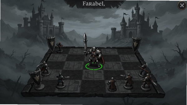 Farabel, 游戏主界面, 棋盘战场, 回合制策略, 黑暗奇幻风格, 中央为英雄单位, 背景为城堡与迷雾, 适配Boogu模型