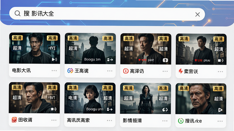 影讯大全快看聚合搜索界面,顶部搜索框输入电影名称,下方以网格形式展示来自不同平台的片源卡片,每张卡片标注“高清”“超清”标签,背景为渐变色科技感线条,整体画面明亮清晰,适合Boogu出图。