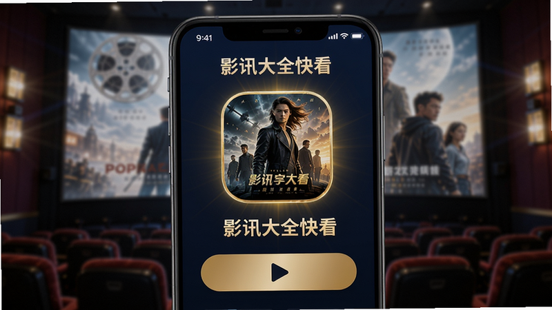 画面中央展示一款名为“影讯大全快看”的手机APP界面,背景为模糊的影院场景,手机屏幕显示高清电影海报与播放按钮,整体色调以深蓝和金色为主,光影聚焦于APP图标和播放界面,细节丰富,适配Boogu模型生成。