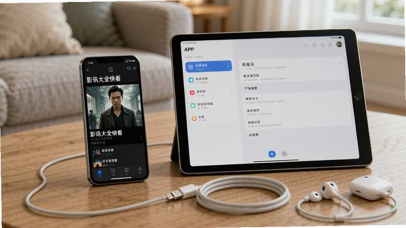 一张智能手机和平板电脑并列摆放的图片,手机正在播放影讯大全快看中的电影,平板显示APP设置界面,旁边有充电线和耳机,整体氛围休闲放松,强调多设备适配性。
