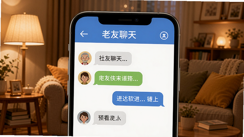 老友聊天软件界面预览,主体为手机屏幕显示聊天界面,背景为温馨客厅场景,暖色调灯光,两个人头像,气泡对话,软件名称老友聊天置于顶部,清晰展示社交功能。