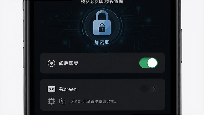 老友聊天隐私设置页面,手机屏幕展示加密锁图标、阅后即焚开关、截屏提示等选项,背景为深色科技风格,突出安全可靠氛围。