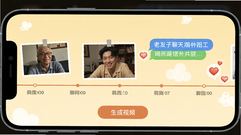 老友聊天回忆相册界面,手机屏幕显示横向时间轴,穿插照片、聊天气泡和爱心图标,背景为淡黄色温暖色调,底部有“生成视频”按钮。