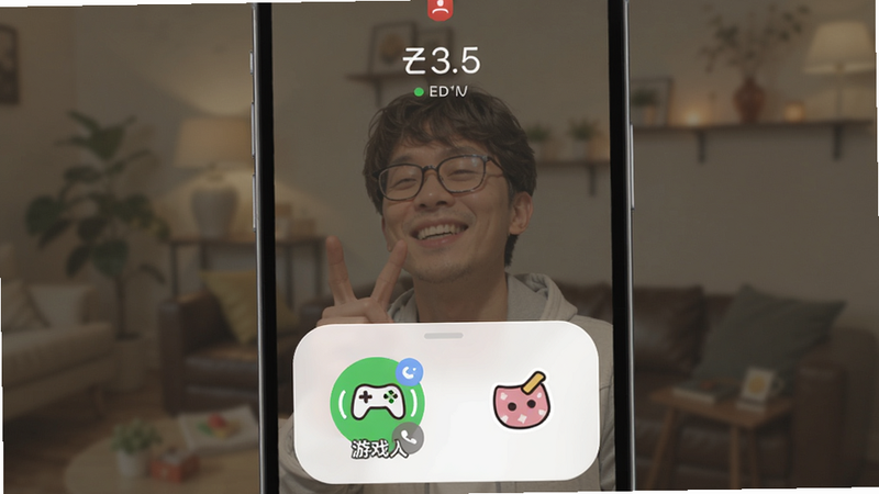 老友聊天语音通话界面,手机屏幕显示通话中状态,背景模糊处理,通话按钮下方有游戏入口和贴纸图标,整体为圆润卡片风格。