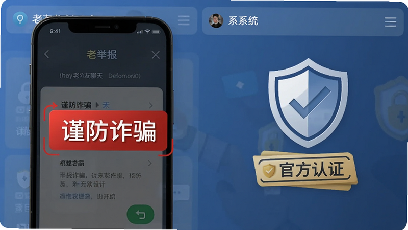 老友聊天安全提示图,手机屏幕上显示举报界面,红色警示框标注“谨防诈骗”,背景为系统提示样式,带有盾牌图标和“官方认证”字样。