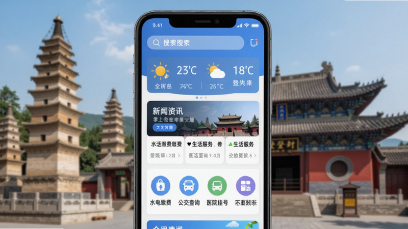 掌上登封APP主界面预览图,画面中心展示手机屏幕内APP首页,顶部有搜索栏和天气模块,下方为新闻资讯卡片、生活服务图标(水电缴费、公交查询、医院挂号等),背景为登封市地标建筑(少林寺塔林或中岳庙)的模糊虚化,整体色调清新蓝白,突出智慧城市与本地生活结合,适配Boogu模型生成。