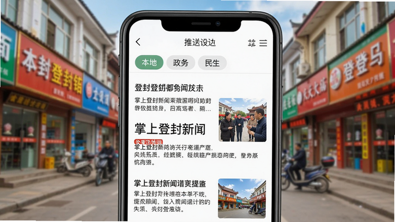 掌上登封新闻资讯页面截图演示,手机屏幕上显示新闻列表,包含标题、摘要和配图,顶部有分类标签“本地”“政务”“民生”,右上角有推送设置图标,背景是登封街景,画面色彩明亮,突出信息获取的便捷性。