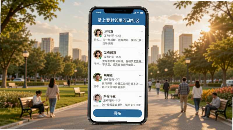 掌上登封邻里互动社区界面,手机屏幕显示帖子列表,有用户头像、昵称、发布时间和内容预览,底部有“发布”按钮,背景城市公园场景,体现社区温暖。