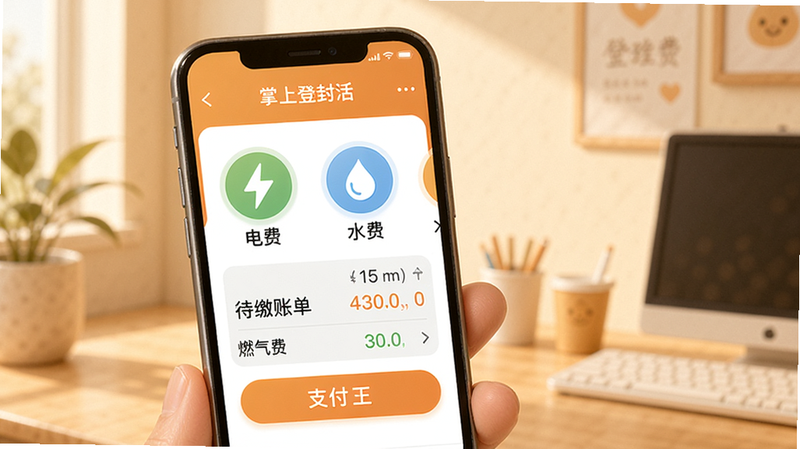 掌上登封生活缴费功能演示图,手机屏幕展示缴费页面,有电费、水费、燃气费图标,下方显示待缴账单金额和支付按钮,背景简化,突出便捷支付场景,色调温馨。