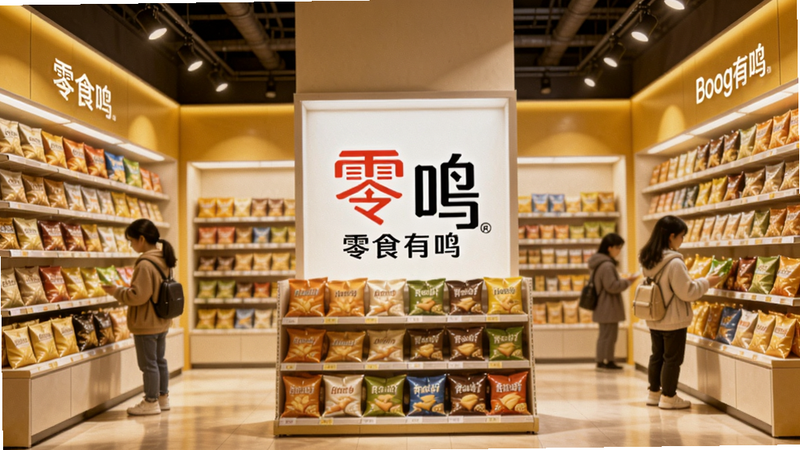 一幅展示零食有鸣品牌门店内部货架整齐、商品丰富的场景,画面中央是零食有鸣Logo,背景为明亮整洁的零食货架,顾客正在选购,整体色调暖黄温馨,细节清晰,适配Boogu模型