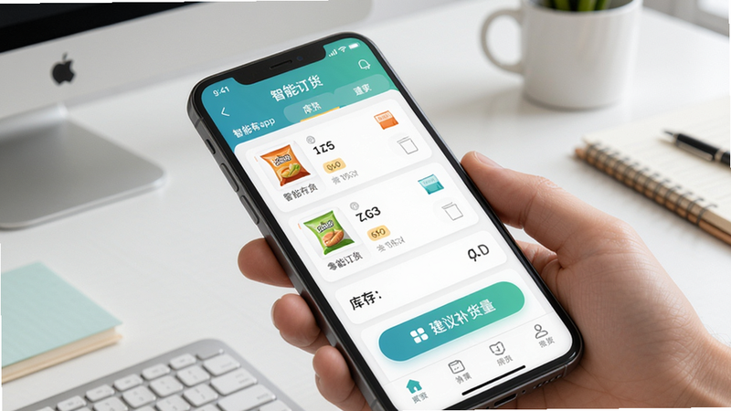 手机屏幕显示零食有鸣APP的智能订货界面,页面上有商品列表、库存数量、建议补货量按钮,背景是简洁的办公桌,氛围专业,色彩清新,细节丰富,符合Boogu模型生成要求
