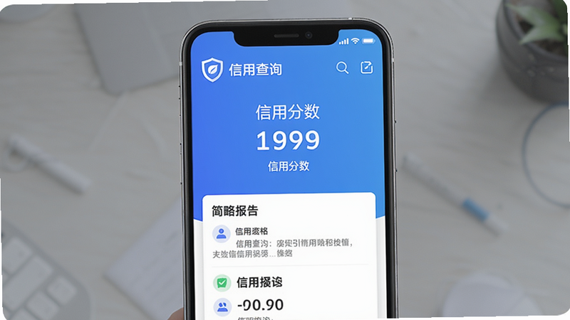 信用查询APP主界面,手机屏幕显示个人信用报告摘要,背景为蓝色渐变,左上角有信用查询Logo,屏幕中央展示信用分数和简略报告,整体风格简洁现代。