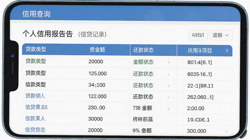 信用查询APP中个人信用报告页面,显示详细的信贷记录表格,包含贷款类型、金额、还款状态等,背景为白色,字体清晰,界面专业。
