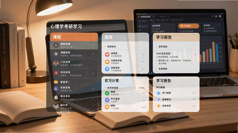 心理学考研学习软件主界面预览,包含课程列表、题库、学习报告等核心模块,背景为简约书桌,书籍与电脑,整体暖色调,体现专注学习氛围
