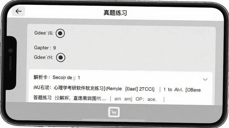 心理学考研软件真题练习界面,手机屏幕显示选择题与解析,背景为灰色,突出题目内容,软件名称出现在顶部导航栏,左侧有返回按钮,底部有答题卡标识