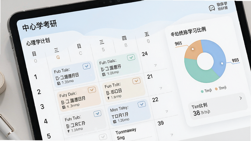 心理学考研软件学习计划界面,日历视图显示每日任务,饼图统计学习比例,整体风格清新简约,强调计划性与时间管理,软件名称出现在左上角