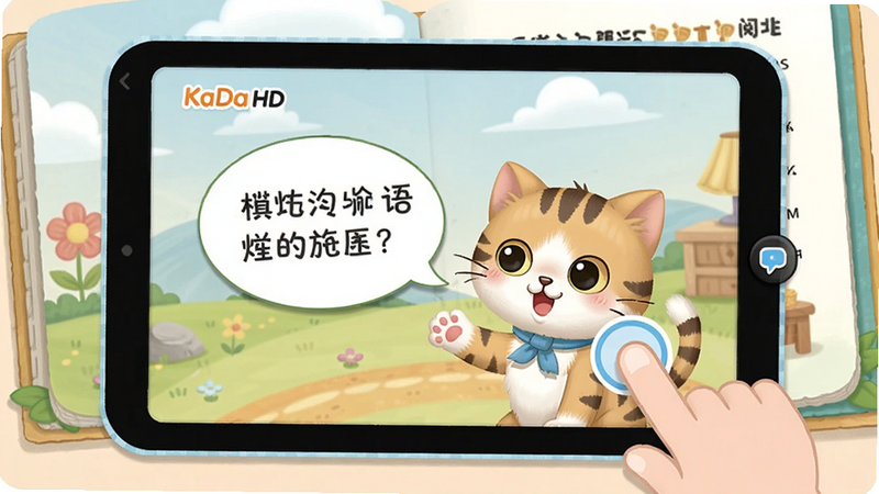 KaDa阅读HD互动点读界面,一只小猫咪正在讲话,旁边有气泡文字,屏幕上有手指点击的动画效果,背景是绘本内页,色彩柔和。