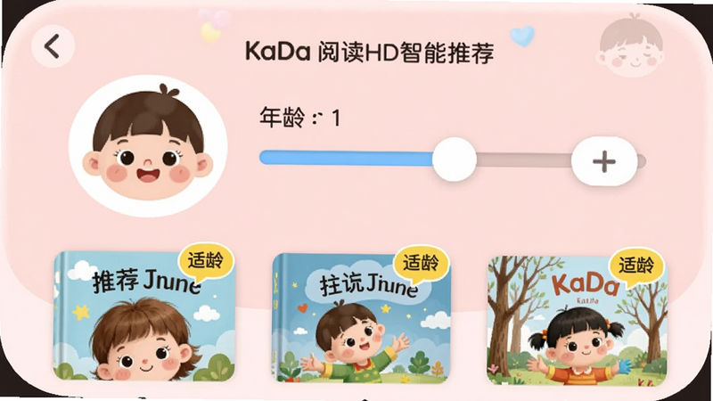 KaDa阅读HD智能推荐界面,一个儿童头像旁边显示年龄设置滑块,下方有几本推荐绘本,带有“适龄”标签,界面圆润可爱,背景浅粉色。