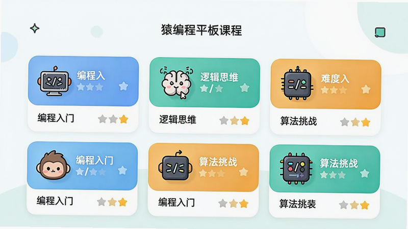 猿编程平板端课程列表,展示不同阶段的课程卡片,如“编程入门”“逻辑思维”“算法挑战”,卡片上有可爱的图标和难度星级,背景简约清新,卡片排列整齐