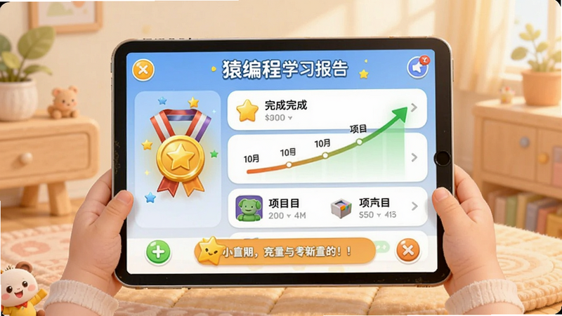 猿编程平板端学习报告界面,显示一个孩子获得的虚拟勋章和完成的项目列表,界面有进步曲线和鼓励语句,背景柔和,色彩温馨,图中还有小动画效果
