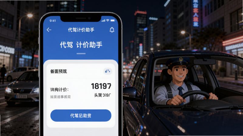 代驾计价助手主界面预览图,展示一个智能手机屏幕,屏幕上显示代驾计价助手的应用界面,背景为夜间城市街道,车辆与代驾司机形象,整体风格简洁清晰,突出软件名称和计价功能