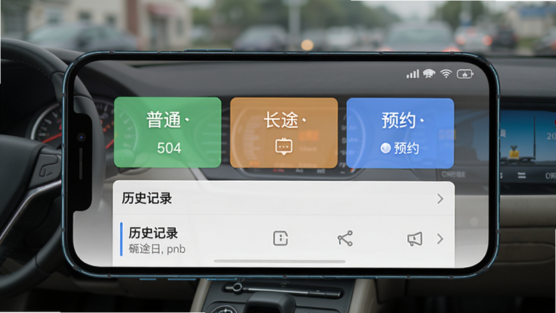 代驾计价助手多模式切换界面截图,手机屏幕上显示不同代驾模式选项(普通、长途、预约),下方有历史记录列表,背景柔和,突出软件界面元素