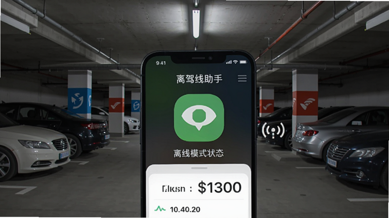 代驾计价助手离线模式预览图,手机屏幕上显示离线可用状态图标,背景为地下车库场景,周围有车辆,手机界面清晰显示计价数据,强调无网络信号图标