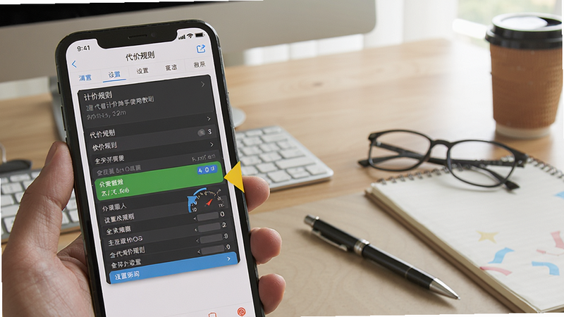 代驾计价助手使用教程示意,一张手机屏幕截图显示设置界面,突出计价规则参数调整选项,背景为办公桌环境,有笔、眼镜等物品,强调实用场景