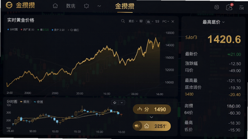 金攒攒行情界面,展示实时黄金价格曲线,带有分时图与K线切换按钮,数据面板显示最新价、涨跌幅、最高最低价,背景为深色金融风格,金价数字用高亮金色显示,软件名称金攒攒显示在顶部导航栏