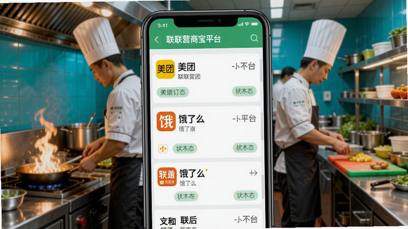 联联营商宝多平台订单管理界面,手机屏幕上显示来自美团、饿了么等平台的订单列表,每个订单带有平台图标和状态标签,背景为餐厅后厨场景,厨师正在忙碌,画面色彩明亮,突出高效管理