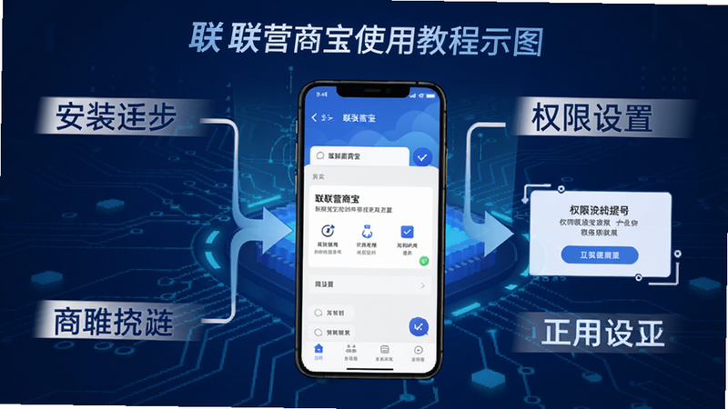 联联营商宝使用教程示意图,手机界面显示安装步骤和权限设置提示,背景为蓝色科技感,带有箭头指示和文字说明,画面清晰易懂