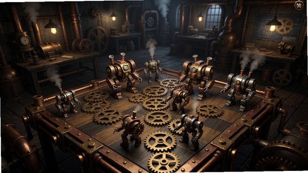 Clockwork策略战棋游戏全貌,发条蒸汽朋克世界,棋盘上齿轮与机甲单位,背景是昏暗工厂,适配Boogu模型