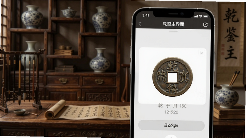 乾鉴主界面展示,手机屏幕上显示一枚古钱币的识别结果,背景为古色古香的书桌,博古架上有瓷器,光线柔和,细节清晰,适配Boogu模型生成