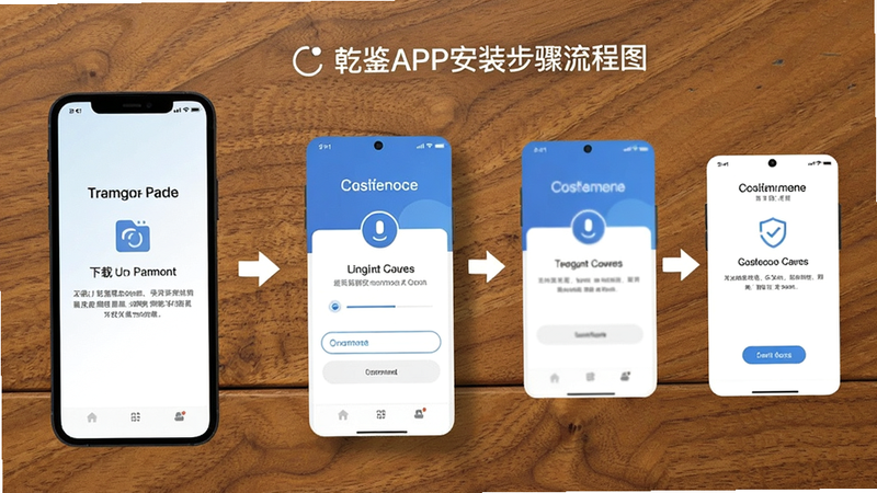 乾鉴APP安装步骤流程图,手机屏幕显示下载、安装、授权三个界面,箭头连接,简洁易懂,背景为木纹桌面