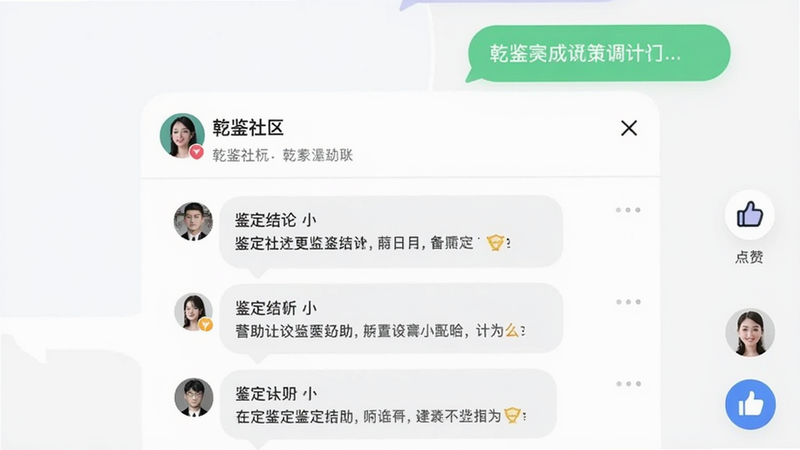 乾鉴社区界面,一条求助帖下方有多条评论,展示用户头像和鉴定结论,背景有聊天气泡和点赞按钮,设计现代简约