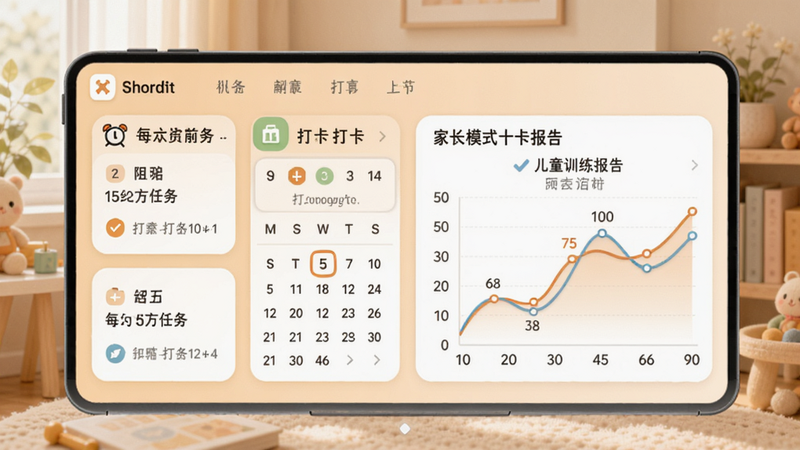 舒尔特方格训练个性化计划界面,显示每日任务卡片,有闹钟图标和打卡日历,家长模式下的儿童训练报告折线图,背景柔和,色彩温馨