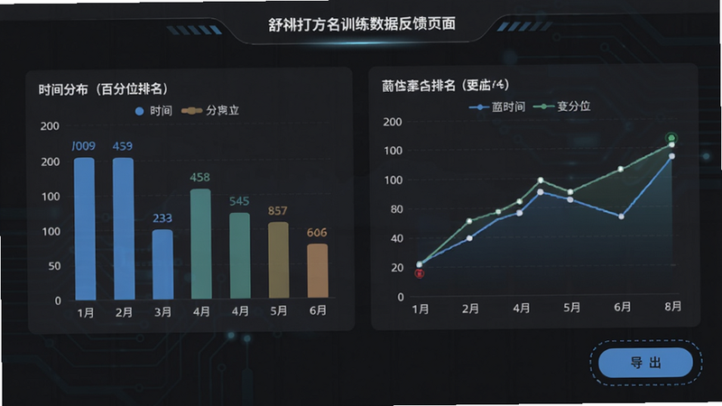 舒尔特方格训练数据反馈页面,显示柱状图和折线图,反应时间分布,百分位排名,导出按钮,背景为深灰色科技感,数据可视化清晰