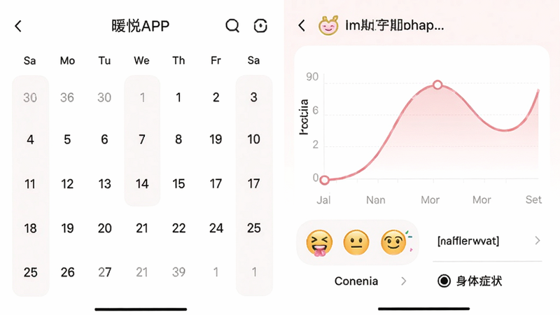 暖悦APP的周期预测界面,左侧显示日历表格,右侧是粉色曲线图,下方有情绪表情按钮和身体症状选项,画面干净明亮,色调温暖