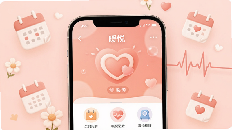 画面中央是一部手机屏幕显示暖悦APP主界面,背景是柔和的粉色渐变,周围散落着日历图标、小花朵和心率线条,整体风格温馨治愈,突出暖悦的陪伴感