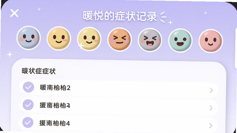 暖悦的症状记录页面,上半部分是一排圆形情绪表情,下半部分是列表式症状选项,背景有浅紫色渐变,整体UI圆润可爱