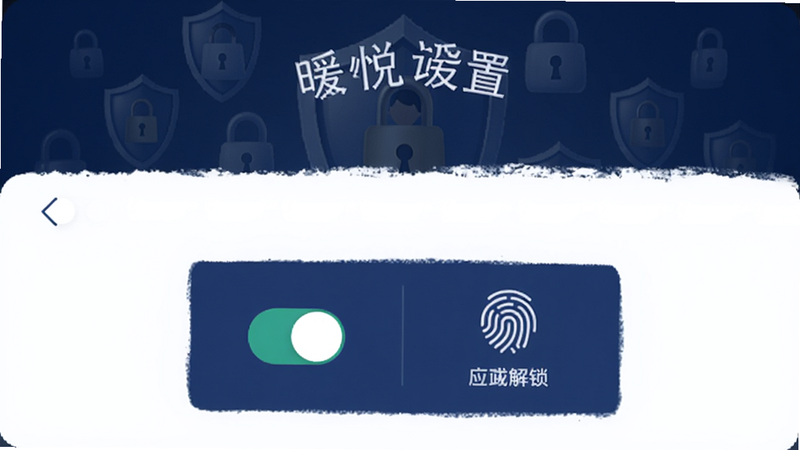 暖悦的隐私设置页面,显示应用锁开关、指纹解锁图标,背景有盾牌和锁的装饰图案,色调为深蓝色,传递安全感
