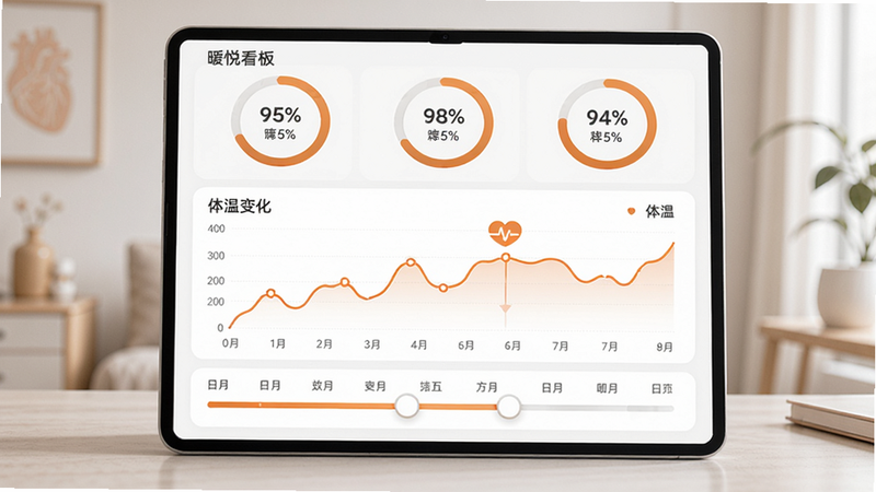 暖悦的健康数据看板,顶部是三个圆形进度环,中部是折线图显示体温变化,底部是月份滑块,配色以白色和暖橙色为主,简洁高端
