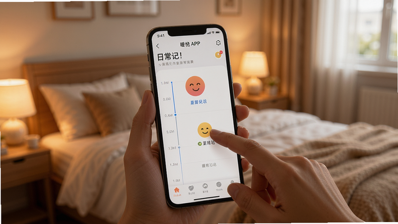 一部手机正在运行暖悦APP的日常记录界面,手指点击情绪图标,屏幕上有时间线提示,背景是卧室温馨环境,光线柔和