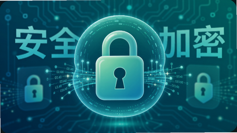 暖悦APP的隐私保护示意图,锁头图标包裹着数据流,背景有“安全加密”字样,整体色调为蓝绿色,科技感与亲和力结合