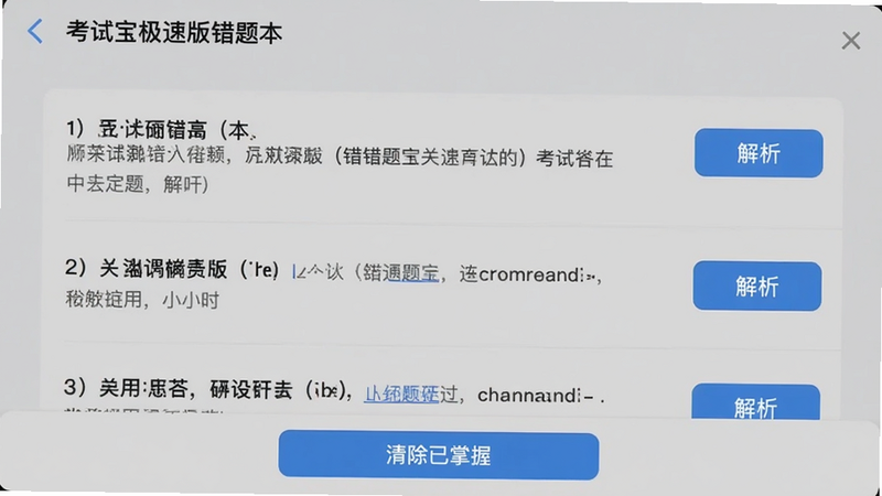 考试宝极速版错题本界面,显示错题列表,每道题旁边有解析按钮,底部有“清除已掌握”选项,背景浅灰色,图表简洁明快