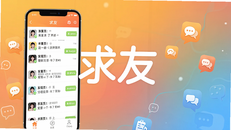 求友软件主界面展示,手机屏幕显示聊天列表、发现页和个人中心,背景为温暖渐变色,带有社交图标元素,画面中心突出应用名称'求友',整体风格清新明快,适合Boogu模型生成
