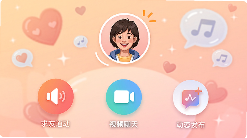 求友互动界面,显示语音通话、视频聊天和动态发布图标,用户头像活跃,背景有爱心和气泡,温馨活泼