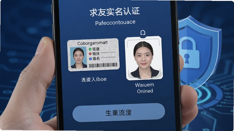 求友实名认证界面,手机屏幕上显示身份证上传和人脸识别步骤,背景有盾牌图标表示安全,整体色调为蓝色科技感,细节清晰